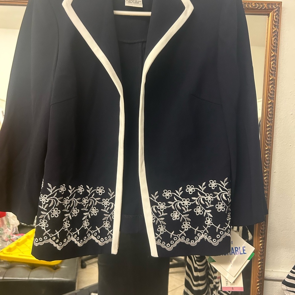 Kasper Black Blazer with White Floral Embroidery